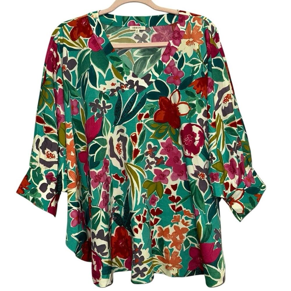 Jodifl Floral Kimono Sleeve‎ Blouse Boho Teal Pink Oversized Medium